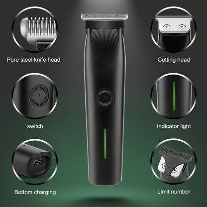 A comprehensive infographic of the Shazory 3-in-1 men's beard trimmer, detailing key features: pure steel knife head, cutting head close-ups, switch, green LED indicator light, bottom USB charging port, and limit comb attachment, available at getshazory.com