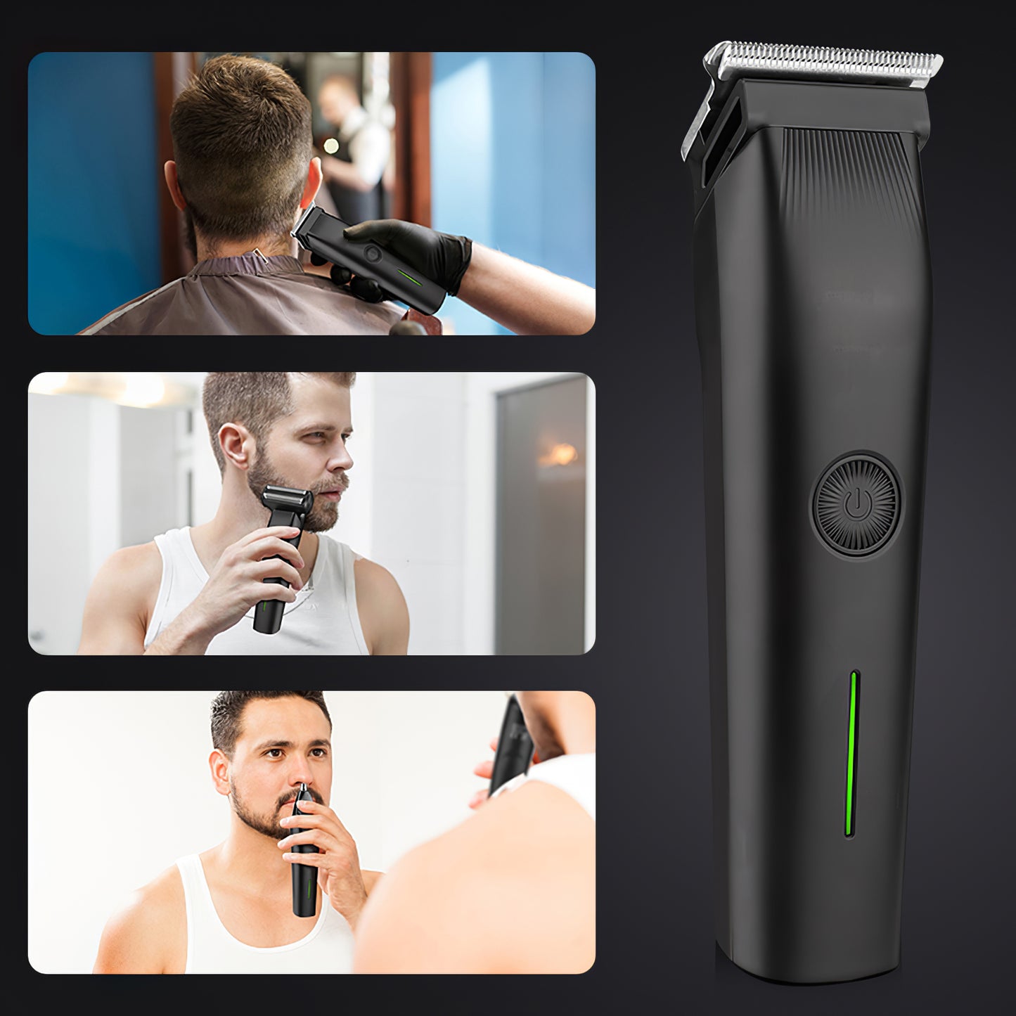A lifestyle infographic for the Shazory 3-in-1 men's grooming kit, demonstrating the cordless beard trimmer, hair clipper, and nose hair trimmer in use for a professional home grooming experience, available at getshazory.com