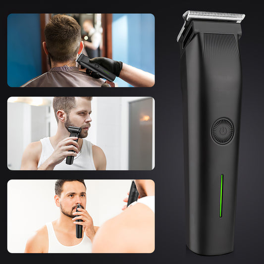 A lifestyle infographic for the Shazory 3-in-1 men's grooming kit, demonstrating the cordless beard trimmer, hair clipper, and nose hair trimmer in use for a professional home grooming experience, available at getshazory.com