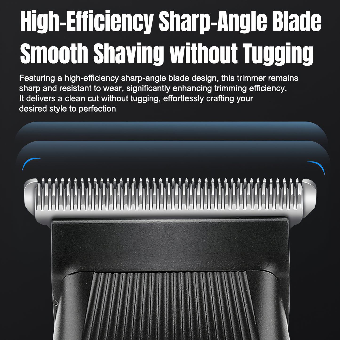 A detailed close-up of the Shazory men's beard trimmer featuring a high-efficiency sharp-angle blade design for smooth shaving without tugging, available at getshazory.com