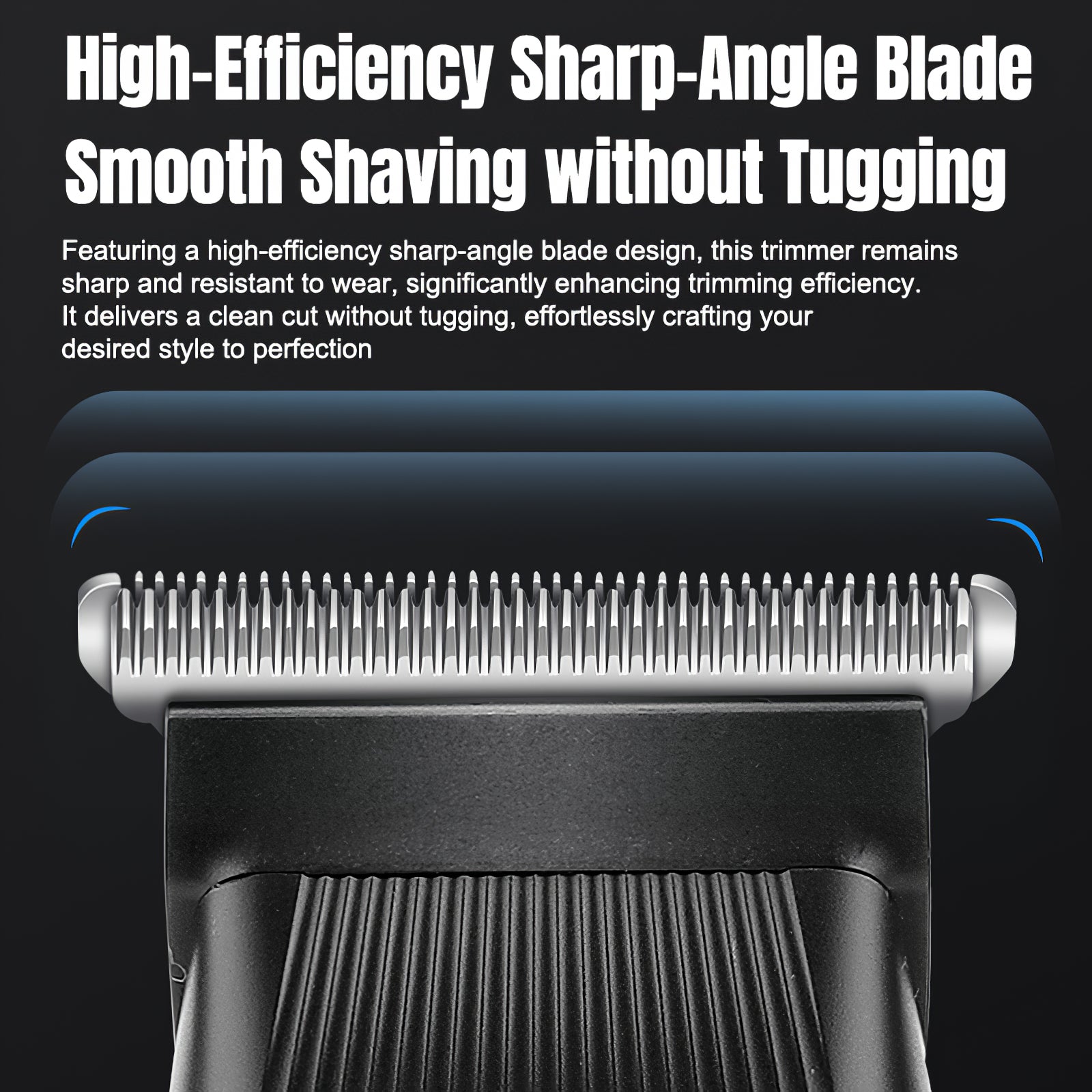 A detailed close-up of the Shazory men's beard trimmer featuring a high-efficiency sharp-angle blade design for smooth shaving without tugging, available at getshazory.com