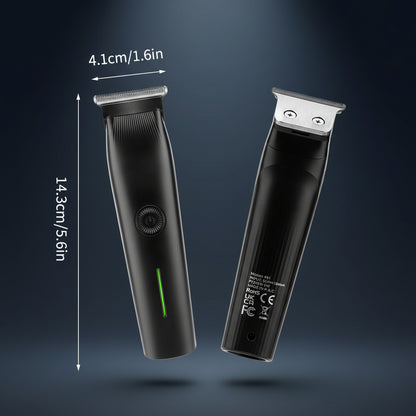 A product dimension guide for the Shazory 3-in-1 men's beard trimmer, showing a compact height of 14.3cm (5.6in) and a blade width of 4.1cm (1.6in) for easy handling and travel, available at getshazory.com
