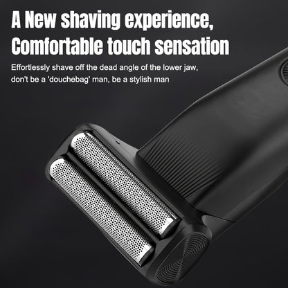 A close-up of the Shazory 3-in-1 men's electric shaver foil head, designed for a comfortable and precise shaving experience even on difficult angles like the jawline, available at getshazory.com