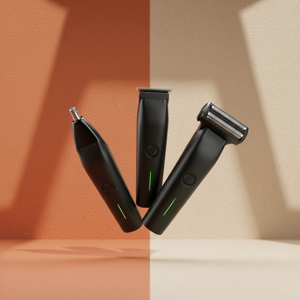 A sleek, three-piece Shazory men's grooming kit featuring a beard trimmer, nose hair clipper, and electric shaver with green LED power indicators, displayed in a professional studio setting, available at getshazory.com