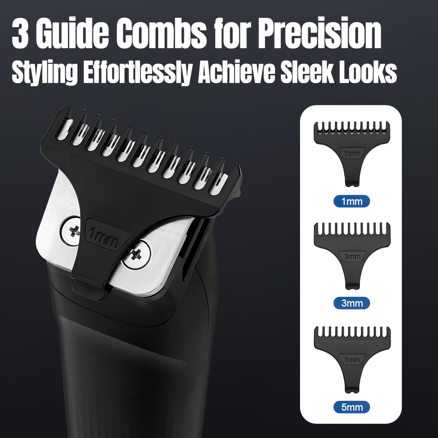 An infographic for the Shazory 3-in-1 men's grooming kit showcasing three precision guide combs (1mm, 3mm, and 5mm) for effortless beard styling and sleek looks, available at getshazory.com