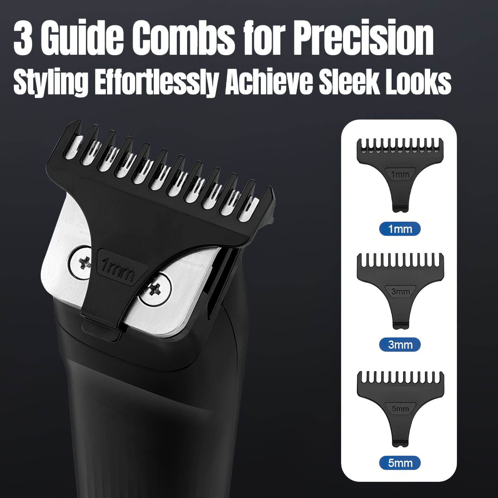 An infographic for the Shazory 3-in-1 men's grooming kit showcasing three precision guide combs (1mm, 3mm, and 5mm) for effortless beard styling and sleek looks, available at getshazory.com