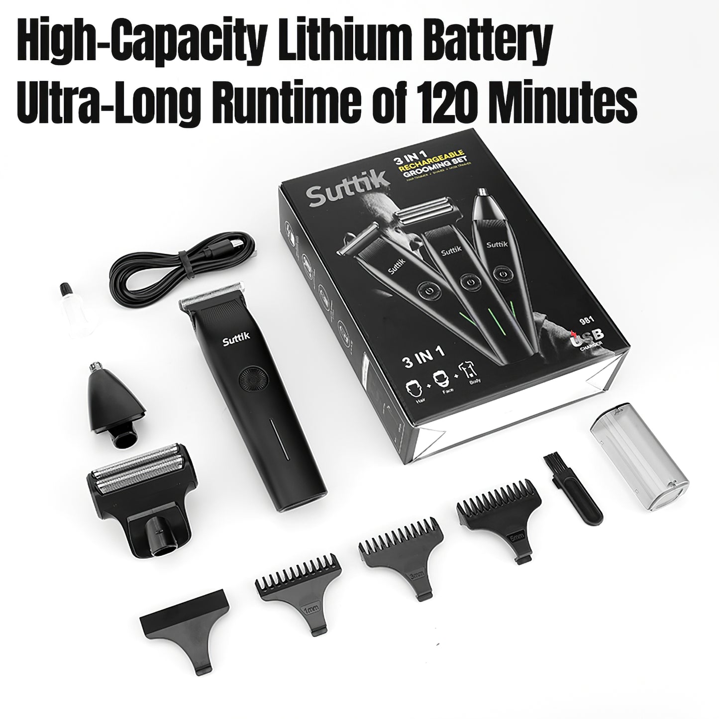 The complete Shazory 3-in-1 men's grooming kit including the rechargeable trimmer, interchangeable heads, guide combs, and USB charging cable, featuring a 120-minute lithium battery runtime, available at getshazory.com