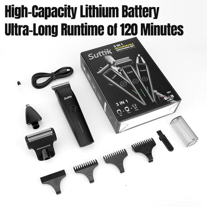 The complete Shazory 3-in-1 men's grooming kit including the rechargeable trimmer, interchangeable heads, guide combs, and USB charging cable, featuring a 120-minute lithium battery runtime, available at getshazory.com