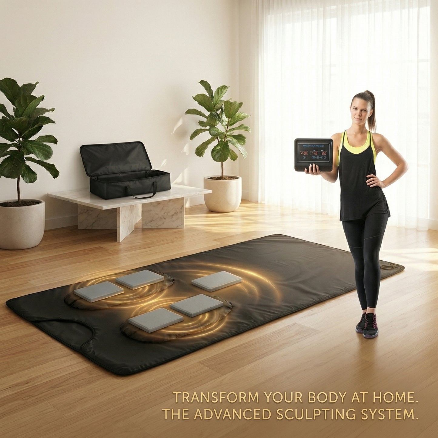 A promotional lifestyle image for the Shazory Advanced Sculpting System, featuring a fitness model holding a digital control console next to a flat black infrared sauna mat with glowing heat zones and thermal pads. The text reads "Transform your body at home. The advanced sculpting system.", available at getshazory.com
