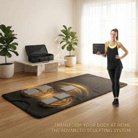 A promotional lifestyle image for the Shazory Advanced Sculpting System, featuring a fitness model holding a digital control console next to a flat black infrared sauna mat with glowing heat zones and thermal pads. The text reads "Transform your body at home. The advanced sculpting system.", available at getshazory.com