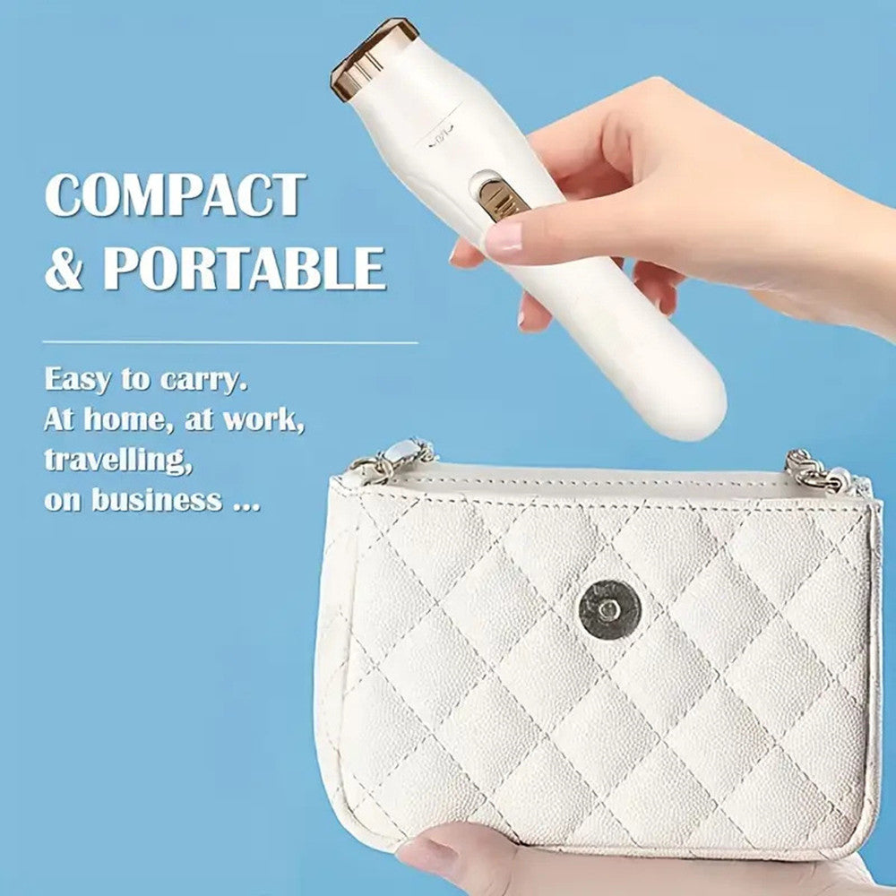 Hand putting the Shazory compact and portable women’s electric shaver into a small white quilted handbag, perfect for travel, work, or business trips, available at getshazory.com
