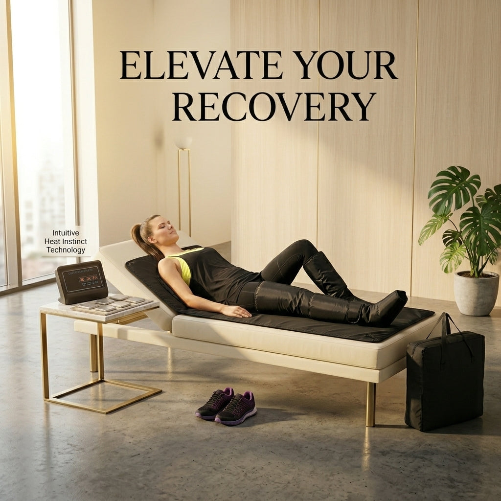 A lifestyle image demonstrating the "Elevate Your Recovery" benefits of the Shazory infrared home spa system, featuring a woman relaxing on a heated mat while wearing thermal leg wraps, controlled by an intuitive heat instinct console, available at getshazory.com