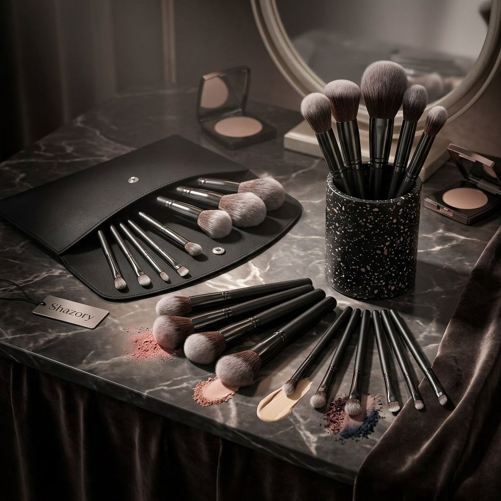 A flat lay on a marble surface of the complete 12-piece Shazory professional makeup brush set, featuring the black terrazzo holder, a travel pouch, and various brushes with powder, liquid, and cream cosmetics, available at getshazory.com