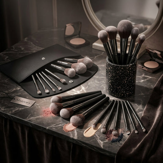 A flat lay on a marble surface of the complete 12-piece Shazory professional makeup brush set, featuring the black terrazzo holder, a travel pouch, and various brushes with powder, liquid, and cream cosmetics, available at getshazory.com