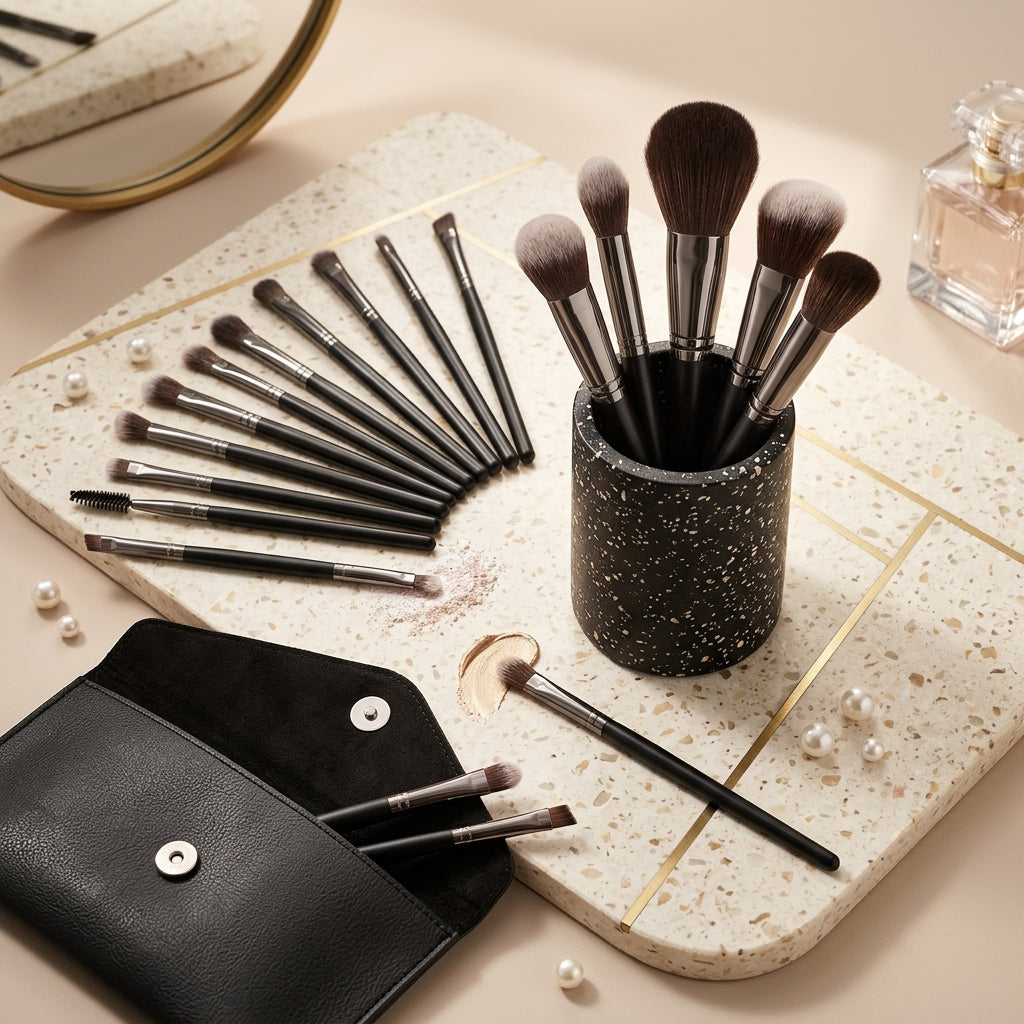 The Shazory professional 12-piece makeup brush collection displayed on a white marble tray with a black terrazzo holder and travel pouch, showcasing luxury vanity organization, available at getshazory.com