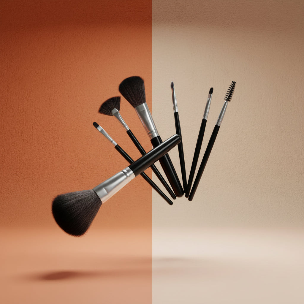 A dynamic floating display of the Shazory professional face and eye makeup brushes, featuring soft bristles and sleek black handles, available at getshazory.com