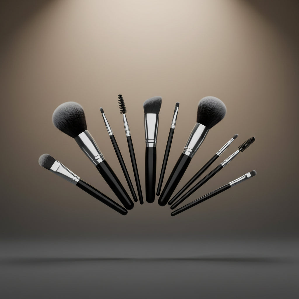 A professional studio fan-style display of the Shazory makeup brush set, showcasing a variety of face, eye, and brow brushes with high-quality synthetic bristles, available at getshazory.com