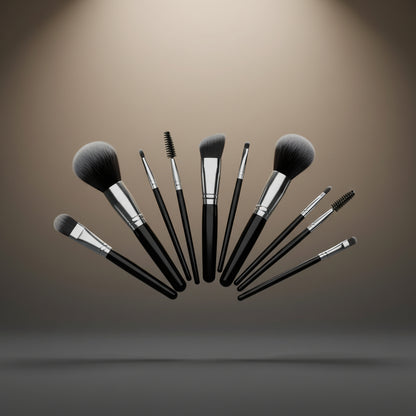 A professional studio fan-style display of the Shazory makeup brush set, showcasing a variety of face, eye, and brow brushes with high-quality synthetic bristles, available at getshazory.com