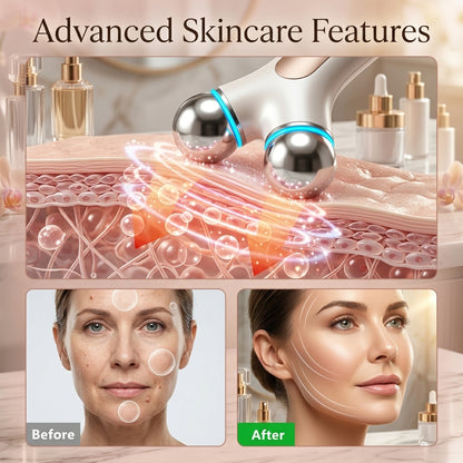 An infographic showcasing the advanced skincare features of the Shazory microcurrent facial toning device, including a before and after comparison demonstrating visible skin tightening and contouring results, available at getshazory.com