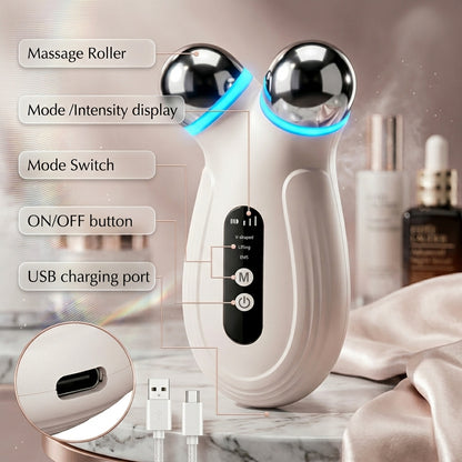 A technical diagram of the Shazory microcurrent facial toning device, detailing the massage rollers, mode/intensity display, switch buttons, and USB charging port, available at getshazory.com