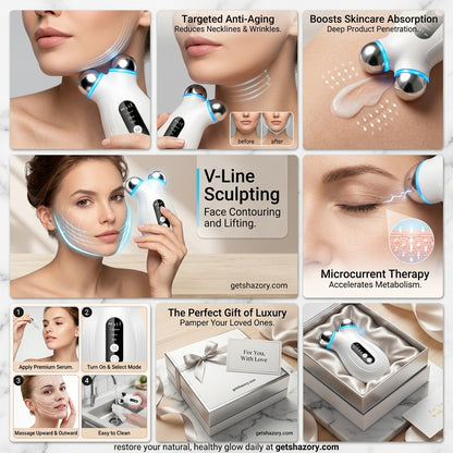 A feature-rich infographic for the Shazory microcurrent facial toning device, highlighting V-line sculpting, targeted anti-aging for necklines, and microcurrent therapy to boost skincare absorption, available at getshazory.com