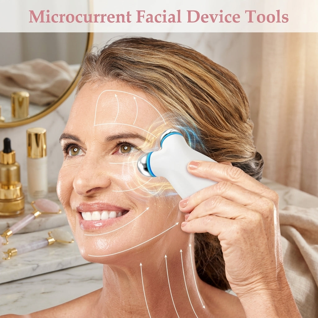 A lifestyle image showing the Shazory microcurrent facial device in use, illustrating upward lifting motions for the eye area, forehead, and neck to promote a youthful, toned appearance, available at getshazory.com