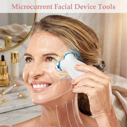 A lifestyle image showing the Shazory microcurrent facial device in use, illustrating upward lifting motions for the eye area, forehead, and neck to promote a youthful, toned appearance, available at getshazory.com