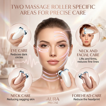 An infographic for the Shazory microcurrent facial toning device highlighting precise care areas, including eye care for dark circles, neck and facial care for lifting, and forehead care to reduce fine lines, available at getshazory.com