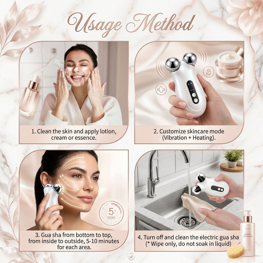 A 4-step usage guide for the Shazory microcurrent facial toning device: 1. Clean skin and apply serum, 2. Customize vibration and heating modes, 3. Use electric gua sha lifting motions for 5-10 minutes, 4. Wipe clean with a soft cloth, available at getshazory.com