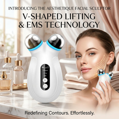 A lifestyle infographic introducing the Shazory Aesthetique Facial Sculptor, showcasing its V-shaped lifting and EMS technology for redefining facial contours effortlessly at home, available at getshazory.com