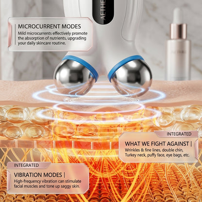 A detailed infographic for the Shazory microcurrent facial device, explaining how microcurrent and high-frequency vibration modes work to fight against wrinkles, fine lines, double chins, and puffy eyes, available at getshazory.com
