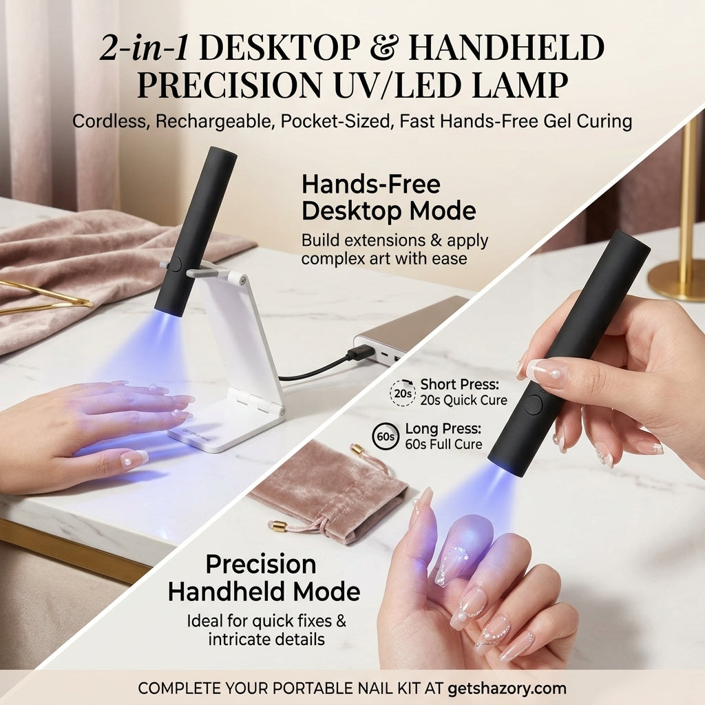 A 2-in-1 usage infographic for the Shazory precision UV/LED nail lamp, showing hands-free desktop mode with a foldable stand for gel extensions and a precision handheld mode for intricate nail art, available at getshazory.com