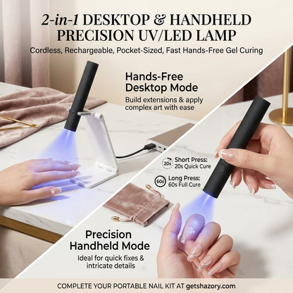 A 2-in-1 usage infographic for the Shazory precision UV/LED nail lamp, showing hands-free desktop mode with a foldable stand for gel extensions and a precision handheld mode for intricate nail art, available at getshazory.com