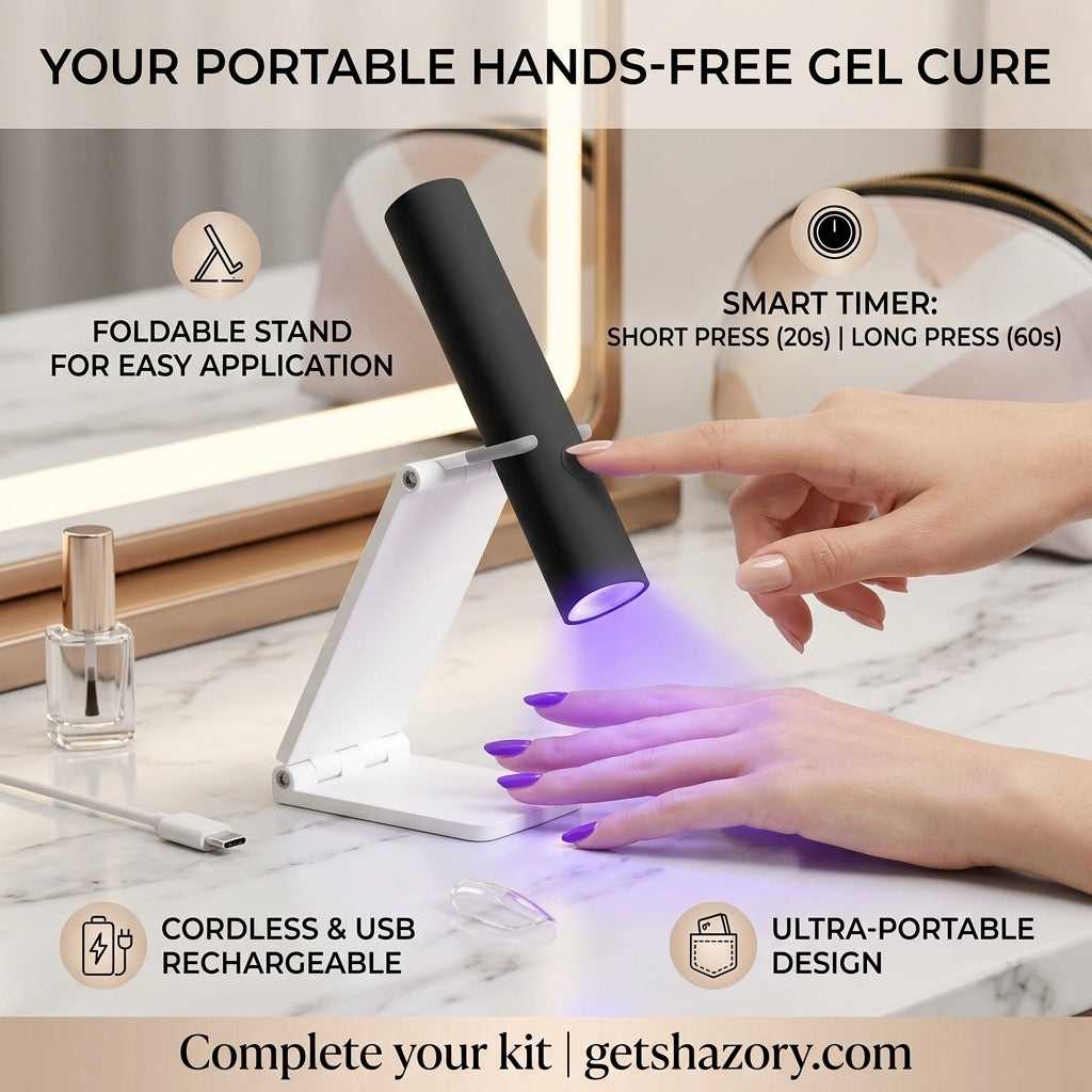 A promotional image for the Shazory mini cordless UV/LED nail lamp, featuring its white foldable stand for hands-free application, smart timer settings, and USB rechargeable design, available at getshazory.com