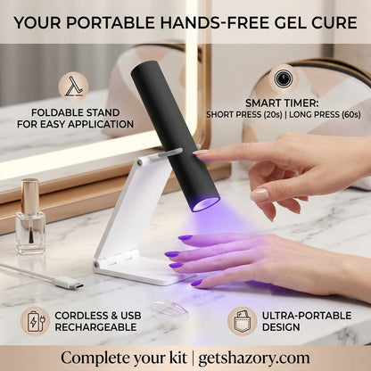 A promotional image for the Shazory mini cordless UV/LED nail lamp, featuring its white foldable stand for hands-free application, smart timer settings, and USB rechargeable design, available at getshazory.com