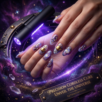 A celestial-themed promotional image for the Shazory mini cordless UV/LED nail lamp, showcasing intricate galaxy nail art with 3D planet charms being cured by the precision handheld device, available at getshazory.com