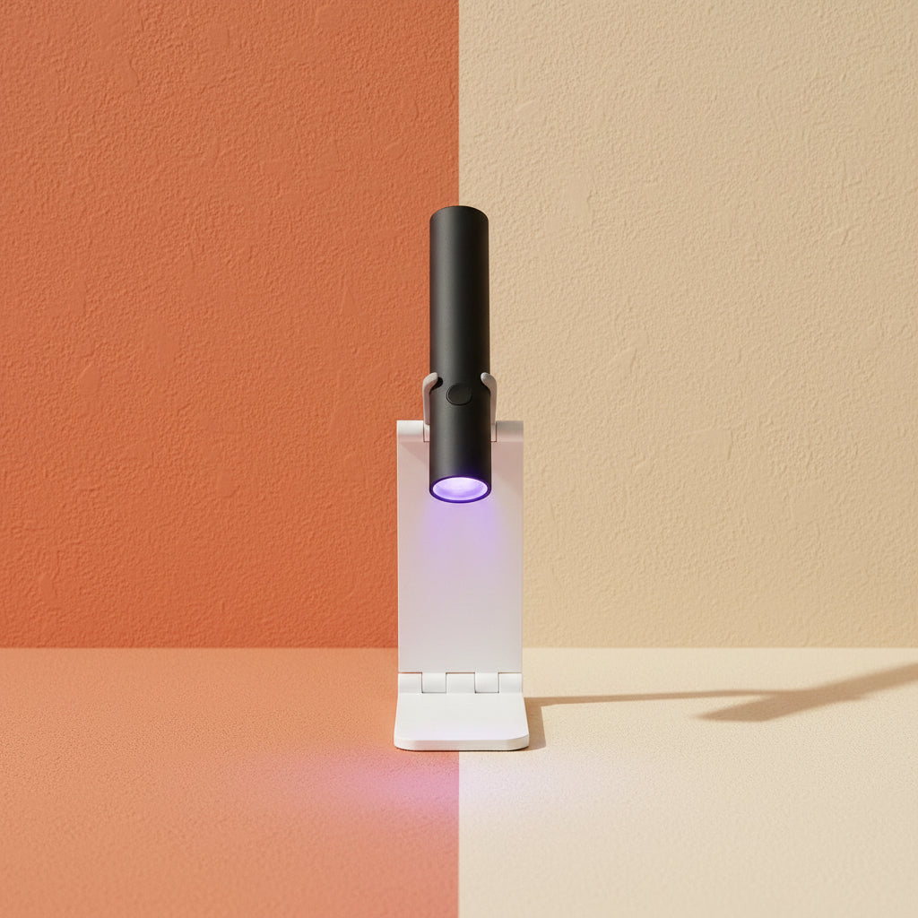 A lifestyle image of the Shazory mini cordless UV/LED nail lamp in black, mounted on its white foldable stand. It is being used to flash cure purple gel nail art on a desk with a passport and accessories, available at getshazory.com