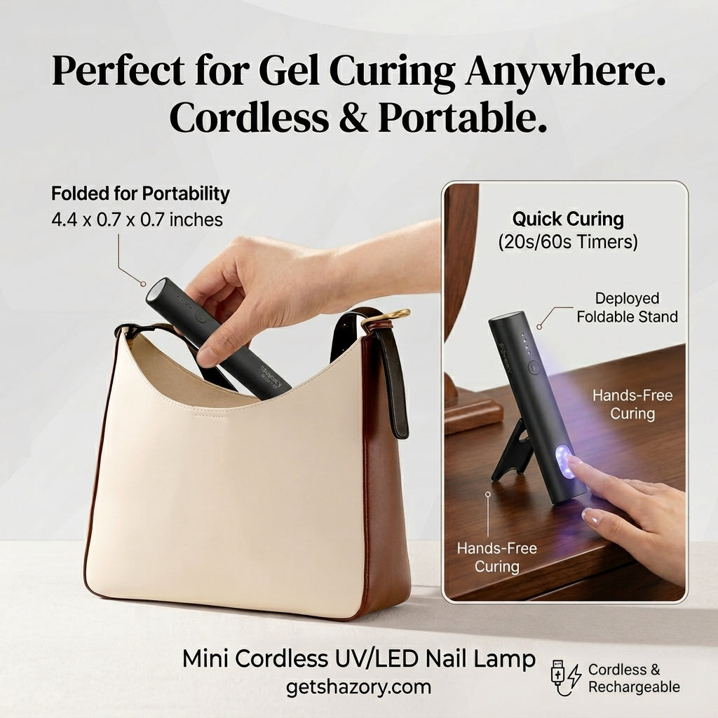 An infographic for the Shazory mini cordless UV/LED nail lamp emphasizing portability, showing the compact 4.4-inch device being placed in a handbag and demonstrating the integrated foldable stand for hands-free gel curing, available at getshazory.com