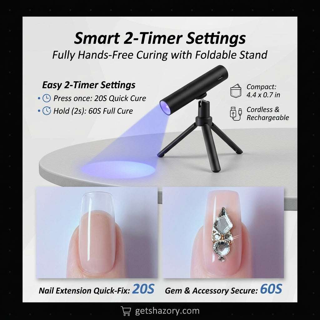 An infographic for the Shazory mini cordless UV/LED nail lamp detailing its smart 2-timer settings: a 20-second quick cure for nail extensions and a 60-second full cure for securing gems and accessories, available at getshazory.com