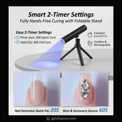 An infographic for the Shazory mini cordless UV/LED nail lamp detailing its smart 2-timer settings: a 20-second quick cure for nail extensions and a 60-second full cure for securing gems and accessories, available at getshazory.com