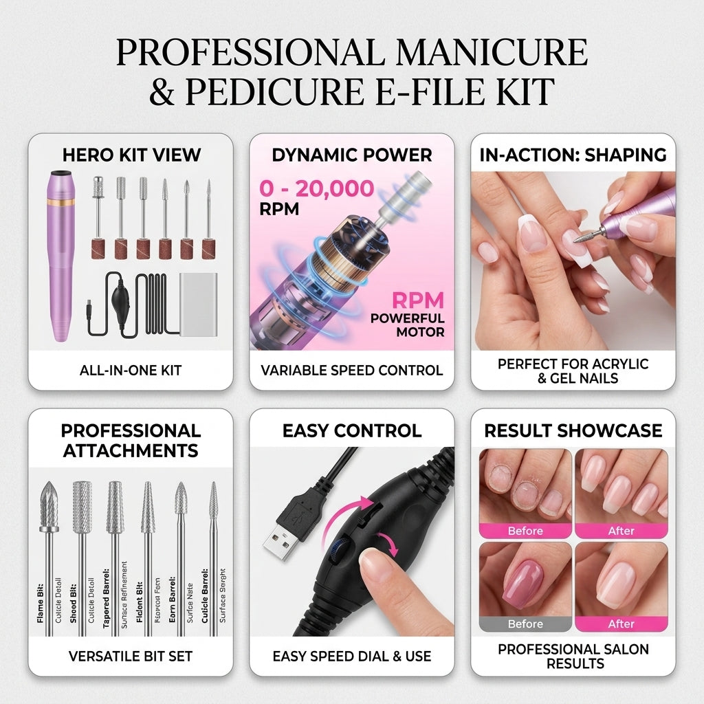 A feature summary infographic for the Shazory Professional Manicure & Pedicure E-File Kit, highlighting the all-in-one kit, 20,000 RPM dynamic power, versatile attachments, easy speed dial control, and before-and-after salon results, available at getshazory.com