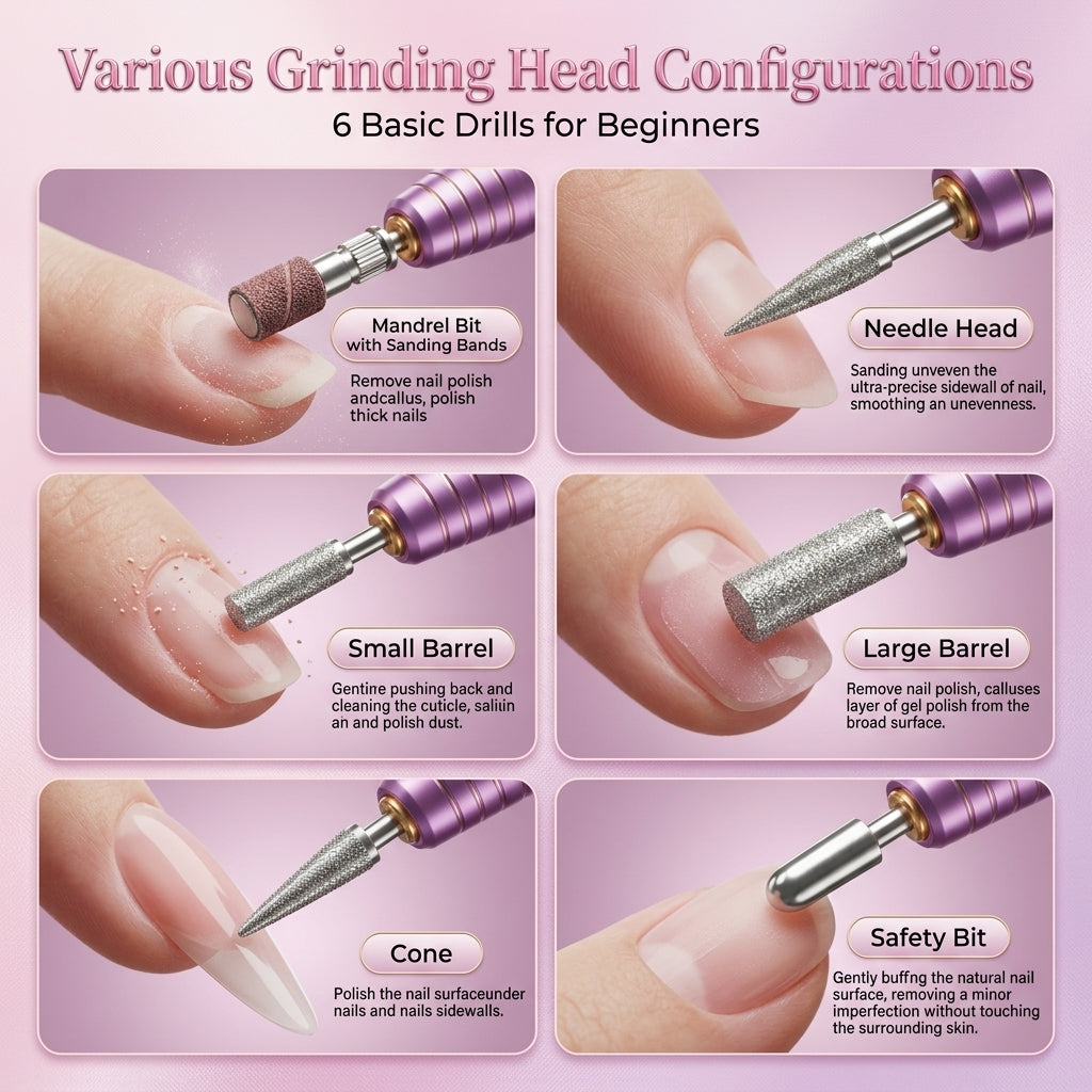 A detailed infographic for the Shazory portable electric nail drill kit, explaining various grinding head configurations including the mandrel bit, needle head, small and large barrels, cone, and safety bit for beginner-friendly manicures, available at getshazory.com