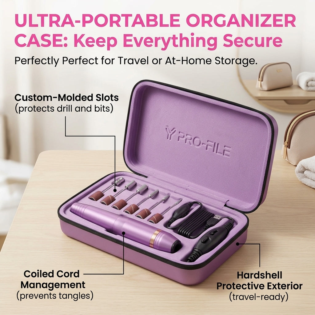 An infographic showcasing the Shazory Ultra-Portable Organizer Case for the electric nail drill kit, featuring custom-molded slots, coiled cord management, and a purple hardshell protective exterior for travel and storage, available at getshazory.com