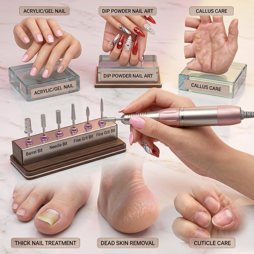 A comprehensive application guide for the Shazory portable electric nail drill kit, showcasing its use for acrylic and gel nails, dip powder art, callus care, thick nail treatment, dead skin removal, and cuticle care, available at getshazory.com