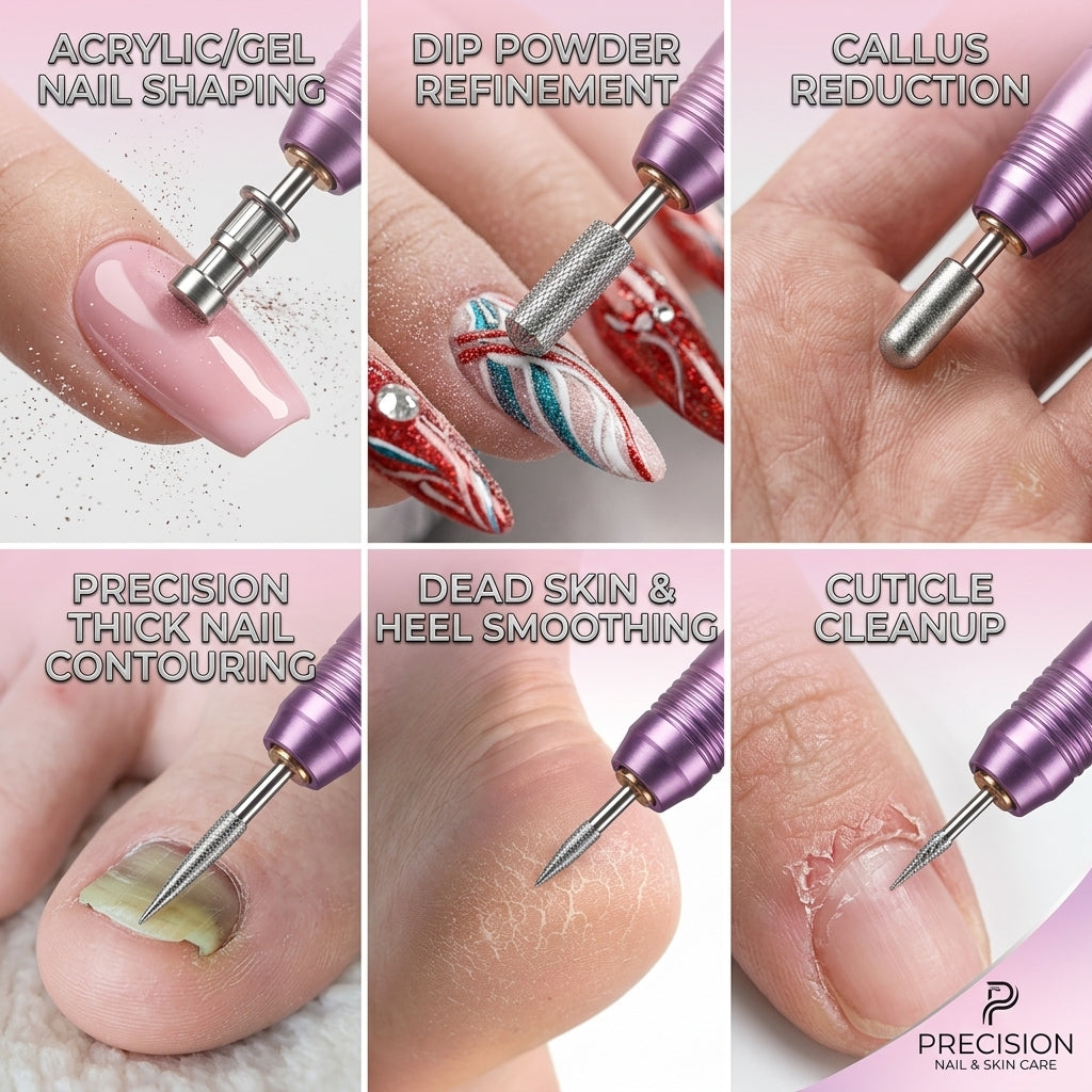 A precision guide for the Shazory portable electric nail drill kit, illustrating specific bit uses for acrylic and gel nail shaping, dip powder refinement, callus reduction, thick nail contouring, dead skin smoothing, and cuticle cleanup, available at getshazory.com