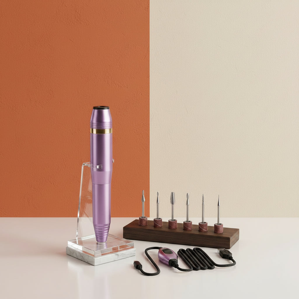 A product collage showing the Shazory Portable Electric Nail Drill Kit in a metallic purple finish, including an in-use shot of a manicure, a metal stand, a coiled USB controller cord, and a wooden block holding six precision bits and six sanding bands for professional home use, available at getshazory.com
