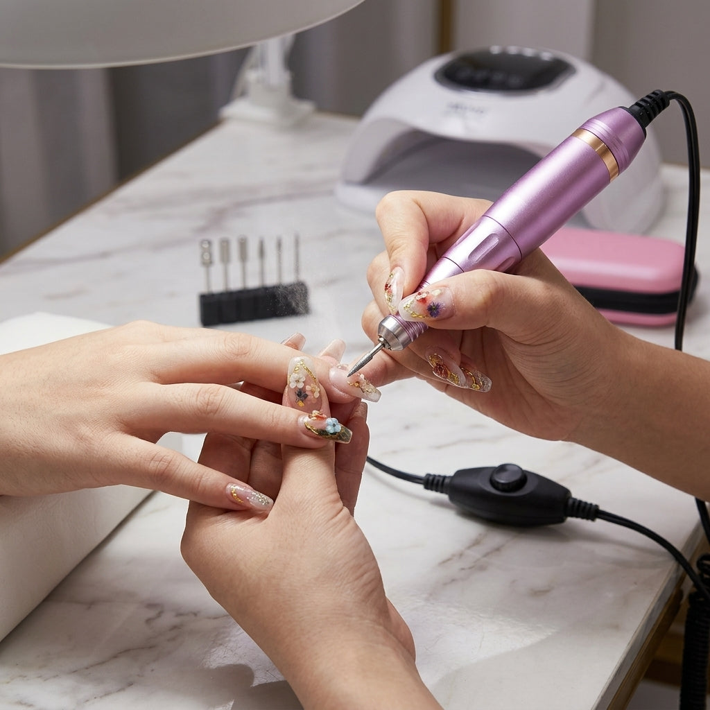 A lifestyle image showing the Shazory portable electric nail drill in use during a professional-style manicure. The purple e-file is being used for precise nail shaping on floral acrylic nails in a salon-like setting, available at getshazory.com