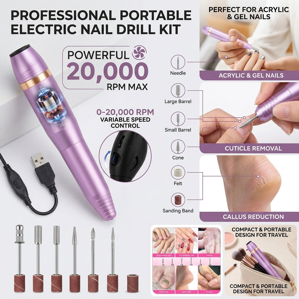 A comprehensive technical infographic for the Shazory professional portable electric nail drill kit, featuring a high-torque 20,000 RPM max motor, variable speed control, and specialized applications for acrylic and gel nails, cuticle removal, and callus reduction, available at getshazory.com
