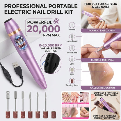 A comprehensive technical infographic for the Shazory professional portable electric nail drill kit, featuring a high-torque 20,000 RPM max motor, variable speed control, and specialized applications for acrylic and gel nails, cuticle removal, and callus reduction, available at getshazory.com