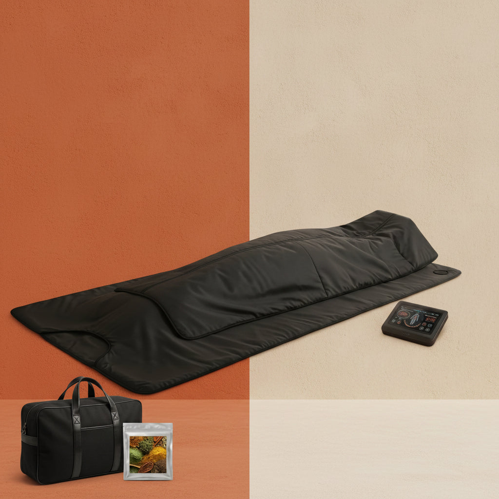 A lifestyle image of a woman relaxing in the Shazory portable infrared sauna blanket with arm sleeves, reading an e-reader in a modern living room. The black full-body thermal wrap features glowing heat zones, a digital control unit, a carrying bag, and a detox pack, available at getshazory.com